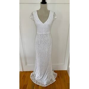 Show Me Your Mumu Maxi Dress in White Small Floral Lace Lined Wedding Bridesmaid